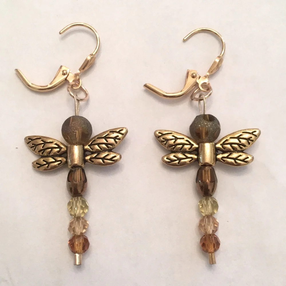 🟥Brand New Dragonfly Stainless Steel Gold Tone, Lever Back Earrings, Handcrafted - Picture 6 of 7